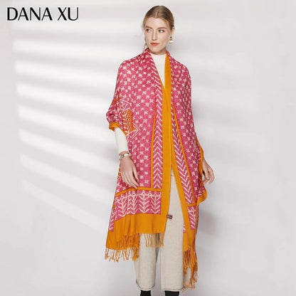 DANA XU 100% Merino Wool Pashmina Shawl for Women 96"x43", Oversized Cashmere Wrap with Tassels, Floral Travel Blanket Cape