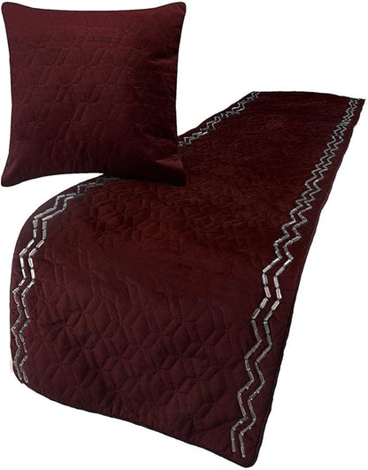 The HomeCentric King Queen Twin Deep Wine Decorative Twin 53"x18" Bed Runner with Pillow Cover, Quilted & Crystals Bed Scarf on Velvet Fabric - Diamond Symphony