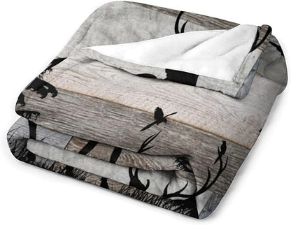 Rustic Deer Throw Blanket, Retro Cabin Farmhouse Country Lodge Blue Brown Wooden Board Wild Forest Animals Deer Bird Print Warm Cozy Blanket for Bed Couch Sofa Travel, 40"x50"