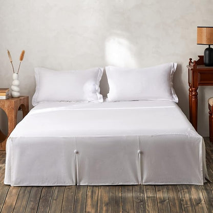 BISELINA French Linen Bed Skirt Split Corner with Button 14-Inch Tailored Drop Natural Flax Cotton Blend Basic Dust Ruffle Soft Cozy (14" King,Button White)