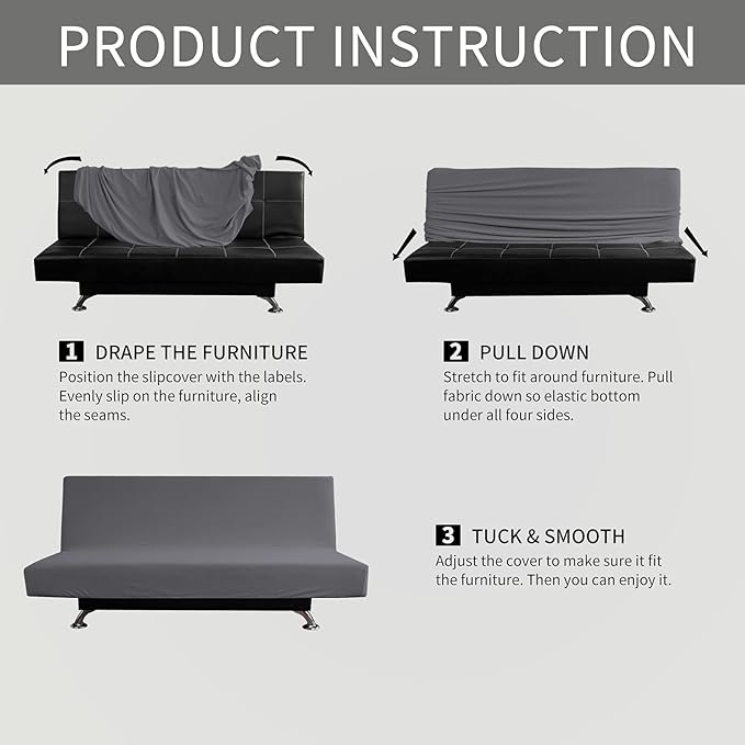 Easy-Going Stretch Futon Slipcover Armless Futon Bed Cover Furniture Protector Without Armrests with Elastic Bottom for Kids, Soft Jacquard Fabric Small Checks (Medium, Grey)