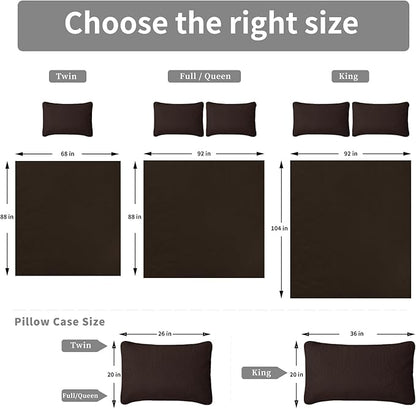 Easy-Going King Size Reversible Quilt Set with 1 Quilt and 2 Pillow Shams, Soft Bed Quilt Cover, Water Resistant Lightweight Microfiber Bedspread, Stain Resistant, Olive Leaf-Chocolate/Beige