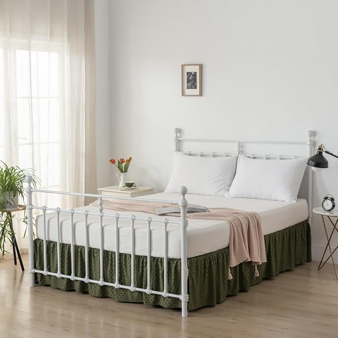 Tufted Dot Bed Skirt Full Size Ruffled Bed Skirt with Split Corners, 14 Inch Drop Dust Ruffle Bed Skirts with Platform, Olive Green