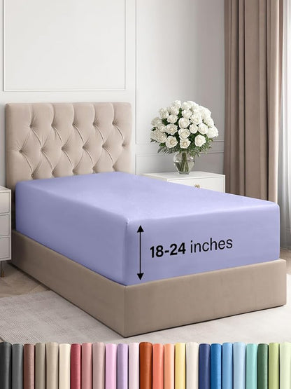 Extra Deep Twin XL Fitted Sheet - Hotel Luxury Single Fitted Sheet Only - Easily Fits 18 inch to 24 inch Mattress - Ultra Soft, Wrinkle & Fade Free w/Extra Deep Pocket - Breathable & Comfy - Lavender