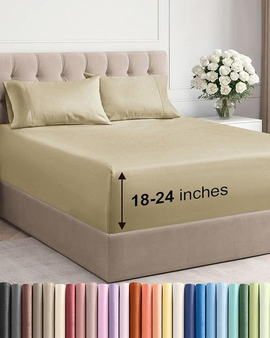 Extra Deep Pocket Cal King Sheets - 4 Piece Breathable & Cooling Bed Sheets - Hotel Luxury Bed Sheet Set - Soft, Wrinkle Free & Comfy - Easily Fits Extra Deep Mattresses - Deep Pocket Beige Sheets Set