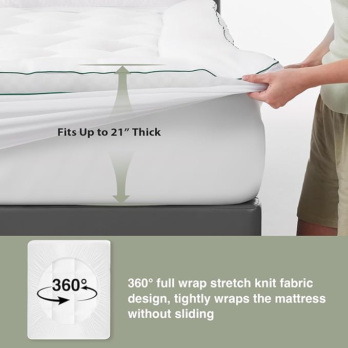 Novilla King Mattress Topper, Extra Thick Pillow Top Mattress Pad with Down Alternative, Breathable Mattress Cover with for 8-21", Machine Washable Fitted Mattress Protector – Green-White