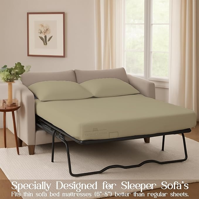 Sleeper Sofa 4 Piece Bed Sheet Set Premium Quality 100% Cotton 500 Thread Count, Smooth & Super Soft Sateen Weave, Extra Soft Bed Sheets, Wrinkle Free, 8 Inch Deep Pocket (Queen, Beige)