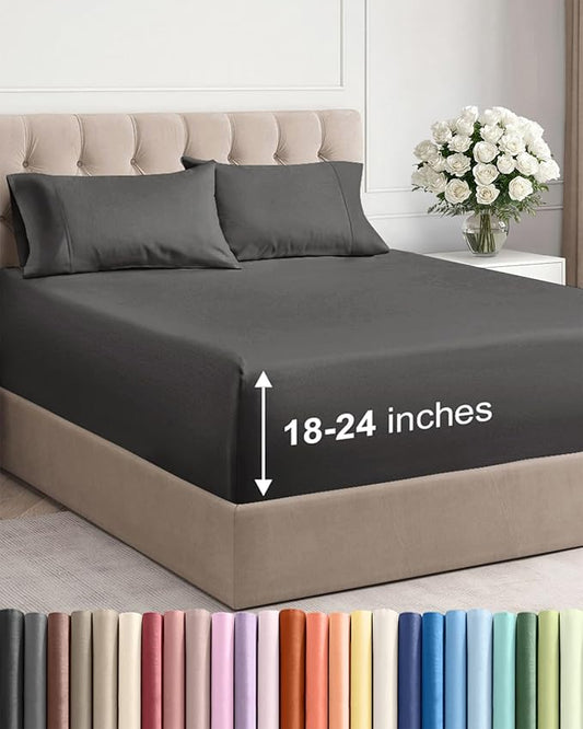 Extra Deep Pocket King Sheets - 4 Piece Breathable & Cooling Bed Sheets - Hotel Luxury Bed Sheet Set - Soft, Wrinkle Free & Comfy - Easily Fits Extra Deep Mattresses - Deep Pocket Charcoal Sheets Set