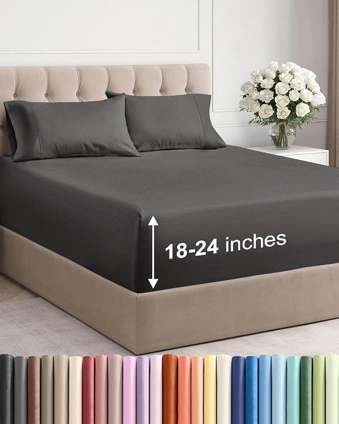Extra Deep Pocket Full Sheets - 4 Piece Breathable & Cooling Bed Sheets - Hotel Luxury Bed Sheet Set - Soft, Wrinkle Free & Comfy - Easily Fits Extra Deep Mattresses - Deep Pocket Charcoal Sheets Set