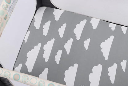 Onacosht Pack n Play Sheets 3 Pack for Baby Unisex, Stretchy Jersey Knitted Portable Mini Crib Sheets Playard Mattress Cover for Baby Boys and Girls, Clouds Stripes and Arrow Printing
