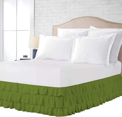 Multi-Ruffle Bed Skirt, Soft Multi Elastic Dust Ruffles with Wrap Around Bed Skirt Easy Fit with 18 Inch Drop 100% Cotton 800 Thread Count (King, Olive)