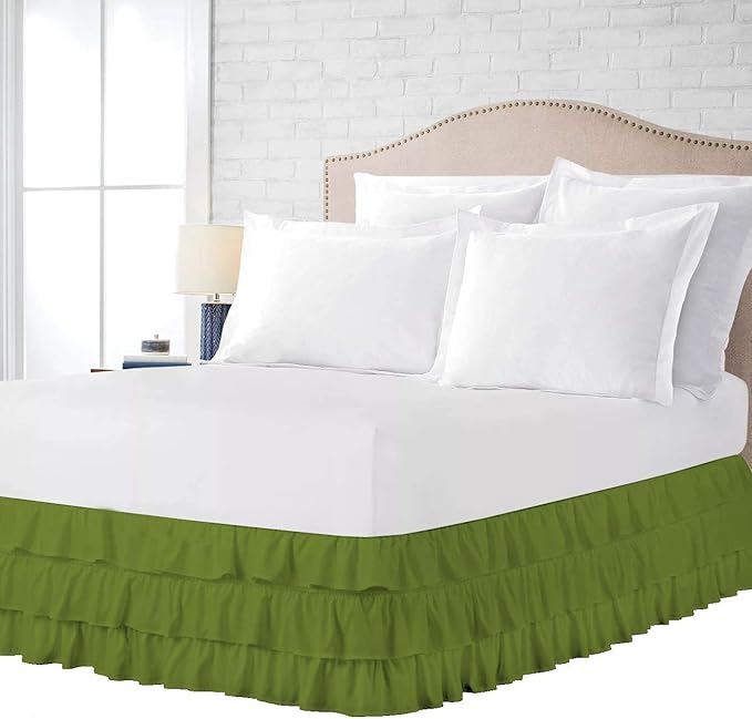 Multi-Ruffle Bed Skirt, Soft Multi Elastic Dust Ruffles with Wrap Around Bed Skirt Easy Fit with 18 Inch Drop 100% Cotton 800 Thread Count (Twin XL, Olive)