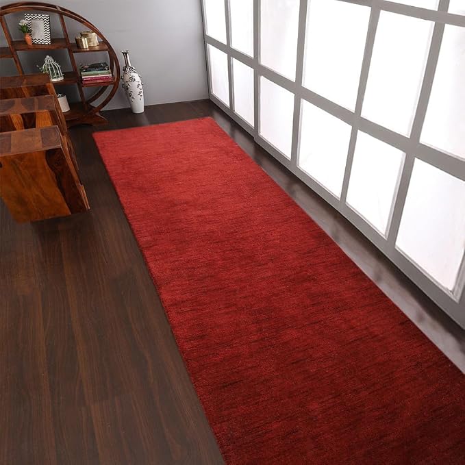 Hand Knotted Loom Wool ECO-Friendly Area Rugs - 3'x12', Runner, Red Color, Solid Plain Design, High Pile Thick Handmade Anti Skid Area Rugs for Living Room, Bed Room (L00111)