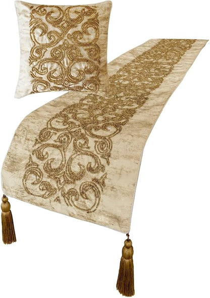 The HomeCentric King/Queen/Twin Gold Designer Twin 53"x18" Bed Runner with Pillow Cover, Foil & Hand Beaded Embroidery Bed Scarf on Jacquard Fabric - Ornamento Oro