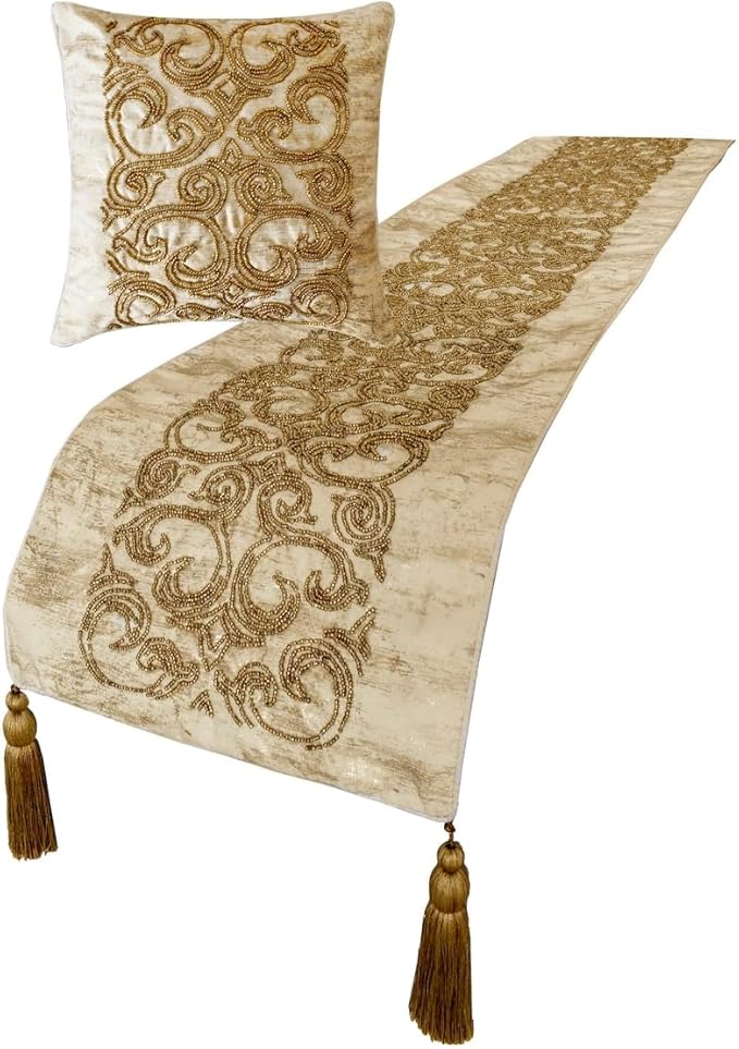 The HomeCentric King/Queen/Twin Gold Designer Full 68"x18" Bed Runner Without Pillow Cover, Foil & Hand Beaded Embroidery Bed Scarf on Jacquard Fabric - Ornamento Oro