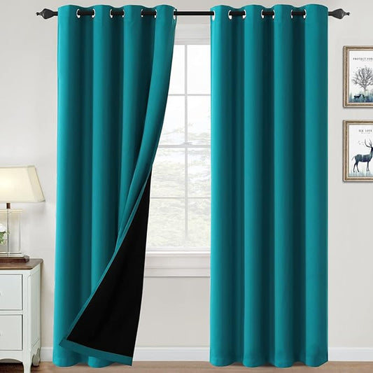 H.VERSAILTEX 100% Blackout Curtains for Bedroom Thermal Insulated Blackout Curtains 96 inch Length Heat and Full Light Blocking Curtains for Living Room with Black Liner 2 Panels Set, Turquoise Blue