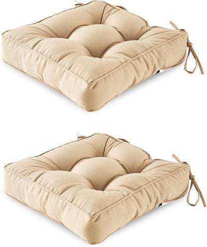ARTPLAN Outdoor Seat Cushion,Square Thick Tufted Pure Chair Cushion for Patio Wicker Chair with Tie,Set of 2,19"x19"x5"，Beige