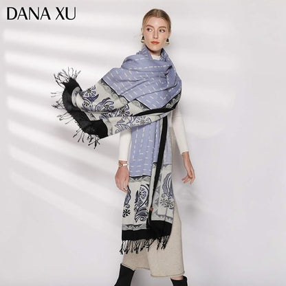 DANA XU 100% Merino Wool Pashmina Shawl for Women 96"x43", Oversized Cashmere Wrap with Tassels, Floral Travel Blanket Cape