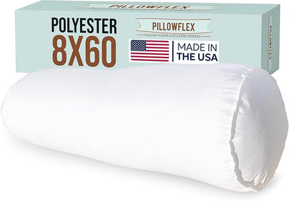Pillowflex Bolster Pillow (8x60) - Round Roll Pillow Bolster Insert, Plush Polyester-Filled Insert for Decorative Shams, Odorless, Lint and Dust-Free Polyester Filling, No Lumps - (White)