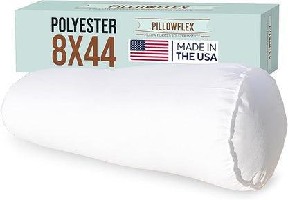 Pillowflex Bolster Pillow (8x44) - Round Roll Pillow Bolster Insert, Plush Polyester-Filled Insert for Decorative Shams, Odorless, Lint and Dust-Free Polyester Filling, No Lumps - (White)