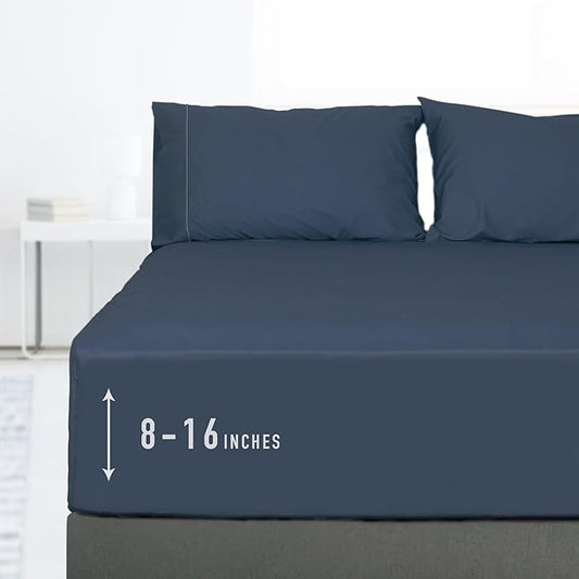 Sunflower King Fitted Sheet, 1-Piece Deep Pocket Fitted Bottom Sheet 16", 100% Cotton Sateen Soft Breathable, Blue Indigo