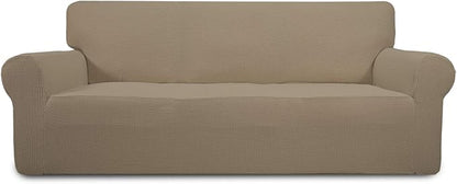 Easy-Going Stretch Sofa Slipcover 1-Piece Sofa Cover Furniture Protector Couch Soft with Elastic Bottom for Kids, Polyester Spandex Jacquard Fabric Small Checks (Sofa, Natural)