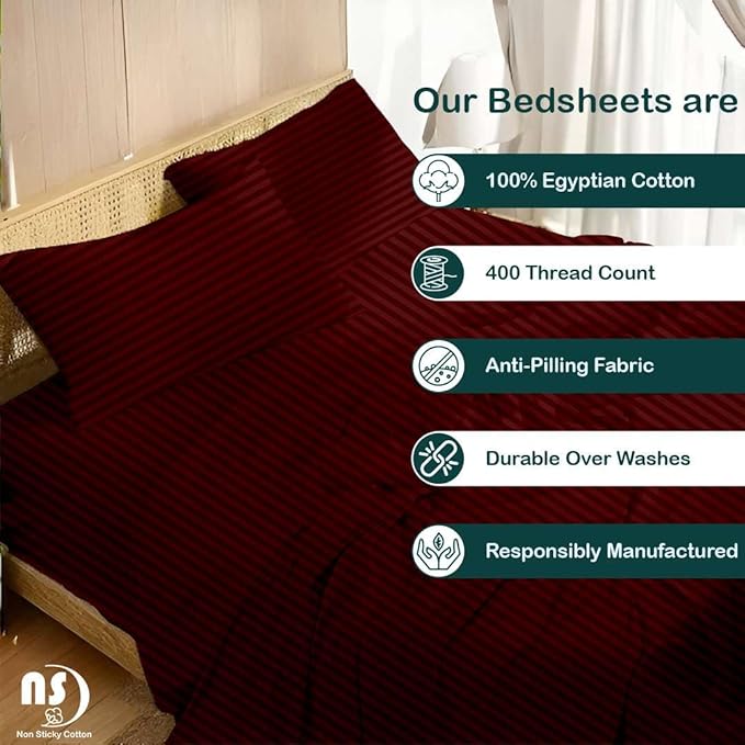 NON Sticky cotton Queen Size Sleeper Sofa Sheets, 4 Piece Egyptian Cotton Bed Sheet Set for Sofa Bed, 7" Deep Pocket for Pull Out Couch Mattress, 60" x 75", Burgundy Stripe, Soft & Breathable
