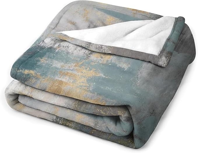 Fashion Gradient Blanket, Modern Art Baroque Gold Grey Green Painting Strokes Pattern Soft Warm Cozy Plush Flannel Covers for Livingroom Bedroom Couch Chair Camping Travel Home Decor Tapestry 50x60in