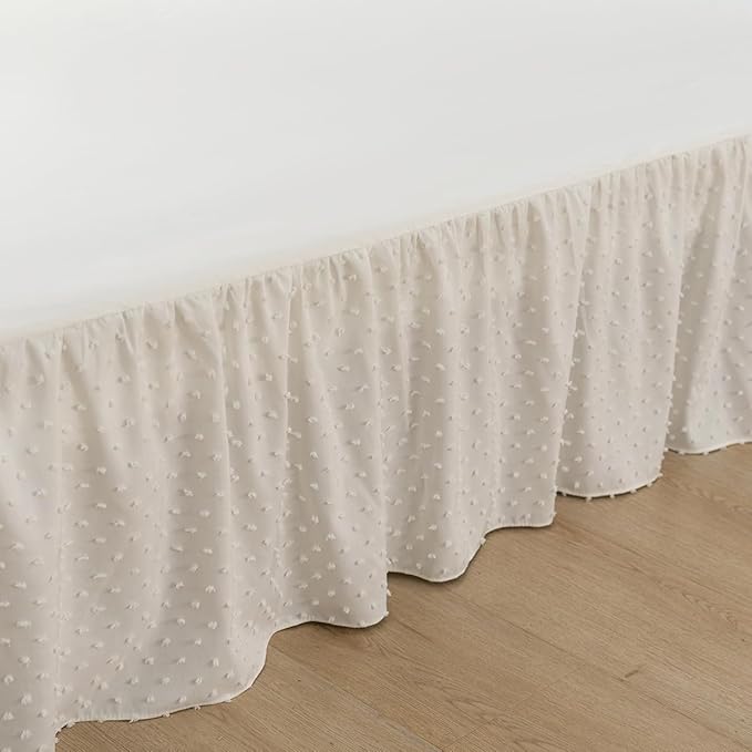 Tufted Dot Bed Skirt King Size Ruffled Bed Skirt with Split Corners, 14 Inch Drop Dust Ruffle Bed Skirts with Platform, Ivory