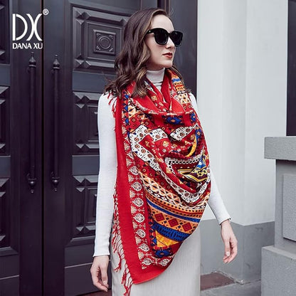 DANA XU 100% Merino Wool Pashmina Shawl for Women 96"x43", Oversized Cashmere Wrap with Tassels, Floral Travel Blanket Cape