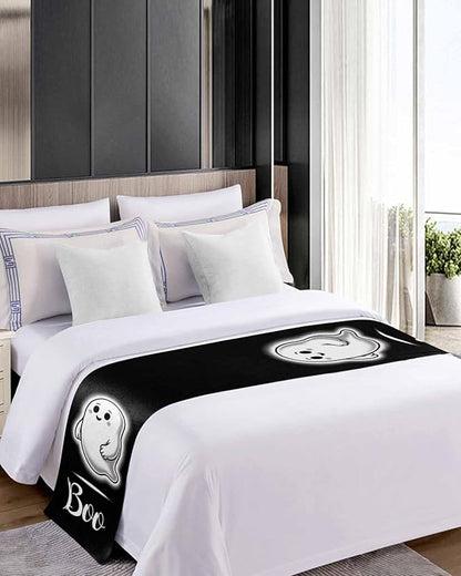 Halloween Cute Ghost Boo Bed Runners for Bedroom Hotel,Decorative Bedding Scarf Black and White Bed End Blanket Bedding Runner Scarves for Queen Size Bed,94x20in