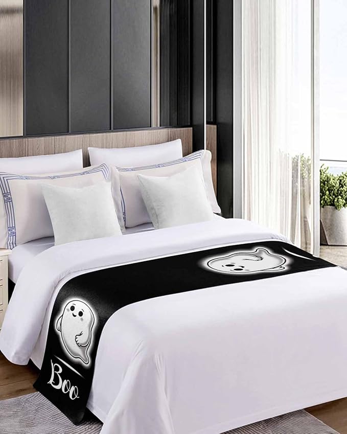 Halloween Cute Ghost Boo Bed Runners for Bedroom Hotel,Decorative Bedding Scarf Black and White Bed End Blanket Bedding Runner Scarves for King Size Bed,102x20in