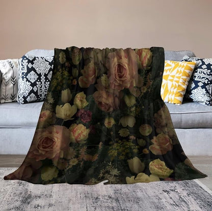 Black Floral Blanket, Rustic Watercolor Botanical Rose Peony Vintage Leaves Plant Boho Gothic Print Throw Blankets for Bed Living Room Bedding Couch Soft Decor, 50"x60"