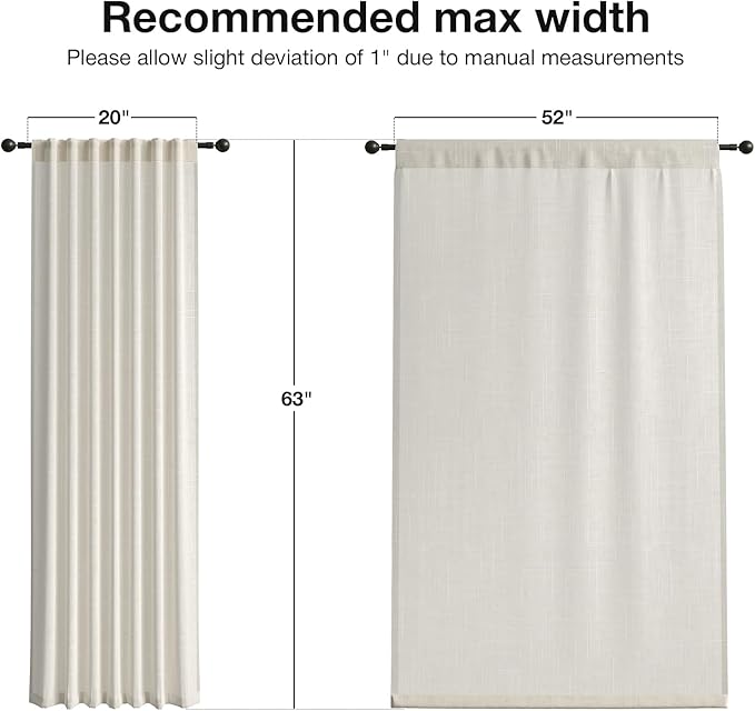 Anmao Natural Linen Curtains for Living Room 63 Inch Length 2 Panels Set, Light Filtering Semi Sheer Window Curtain Drapes for Bedroom with Curtain Rings and Clips, 52 Inch Wide Each Panel, Ecru