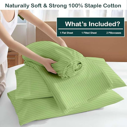 NON Sticky cotton Queen Size Sleeper Sofa Sheets, 4 Piece Egyptian Cotton Bed Sheet Set for Sofa Bed, 8" Deep Pocket for Pull Out Couch Mattress, 60" x 75", Sage Stripe, Soft & Breathable