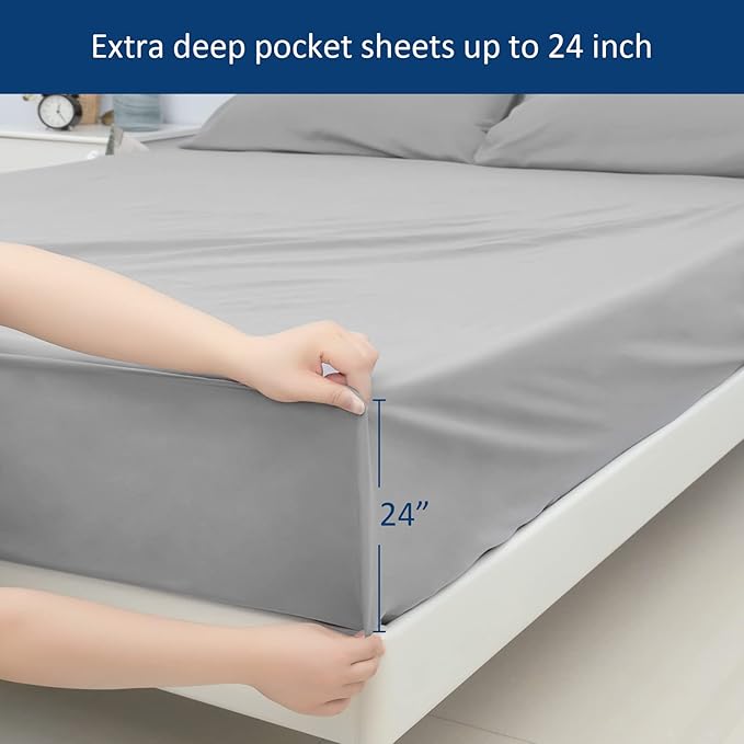 Moonsea Extra Deep Pocket Full Sheet Set for Air Mattress - Deep Pocket Sheets Full Bed Sheets Set - Sheets with Pockets on Side - Easily Fits Extra Deep 16 in to 24 in Pillow Top Air Mattress (Grey)