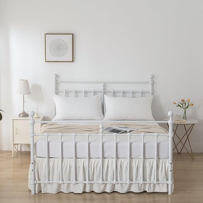 Tufted Dot Bed Skirt Twin Size Ruffled Bed Skirt with Split Corners, 12 Inch Drop Dust Ruffle Bed Skirts with Platform, Ivory