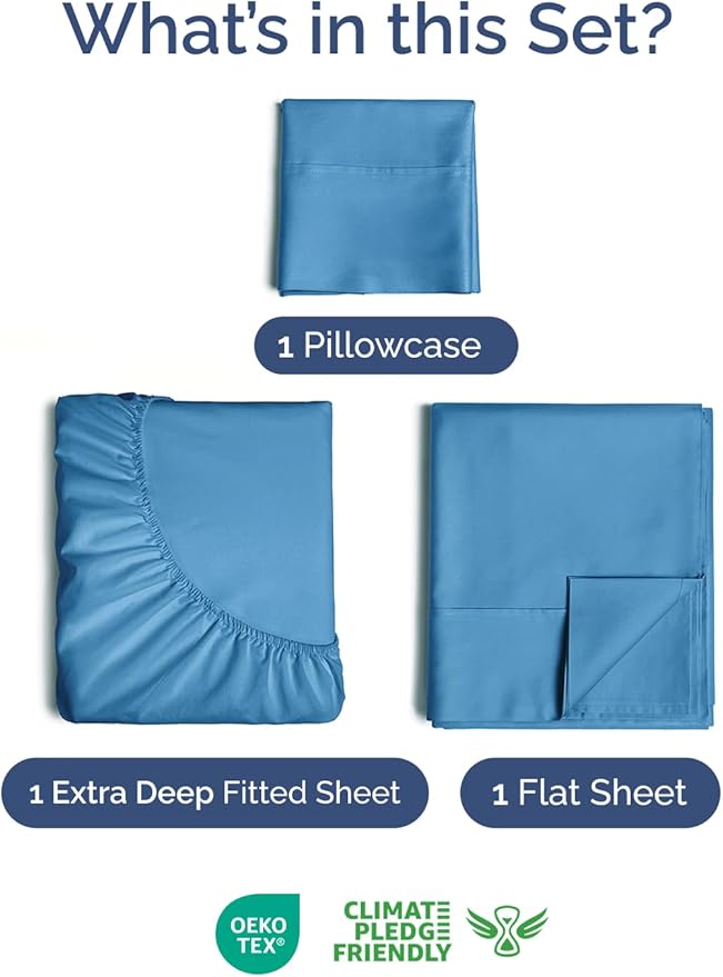 Extra Deep Pocket Twin Sheets - 3 Piece Breathable & Cooling Bed Sheets - Hotel Luxury Bed Sheet Set - Soft, Wrinkle Free & Comfy - Easily Fits Extra Deep Mattresses - Deep Pocket Denim Blue Sheets