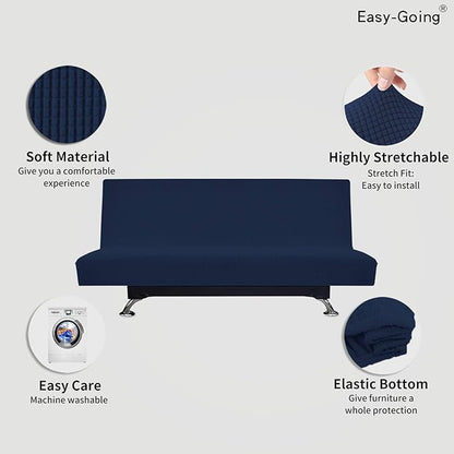 Easy-Going Stretch Futon Slipcover Armless Futon Bed Cover Furniture Protector Without Armrests with Elastic Bottom for Kids, Soft Jacquard Fabric Small Checks (Large, Navy)