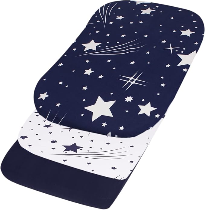 Belsden Pack of 3 Fitted Bassinet Sheet Set, Flexible Fit Various Bassinet, Adapts to Oval, Hourglasss and Rectangle Shaped Bassinet Pads, Cloudy Soft Washable Material, White Star & Navy & Navy Star