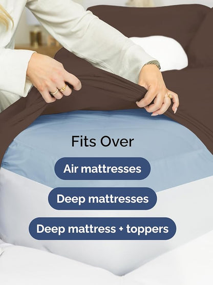 Extra Deep Full Fitted Sheet - Hotel Luxury Single Fitted Sheet Only - Easily Fits 18 inch to 24 inch Mattress - Ultra Soft, Wrinkle Free w/Extra Deep Pockets - Easy-Care, Breathable & Comfy - Brown