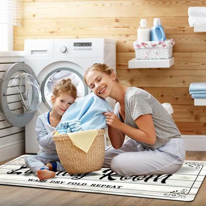 Laundry Room Rug Non Slip Floor mats Farmhouse Large Laundry Rugs for Laundry Room Mat Washer and Dryer Carpet Laundry Runner Room Decor 20x47inch(White)
