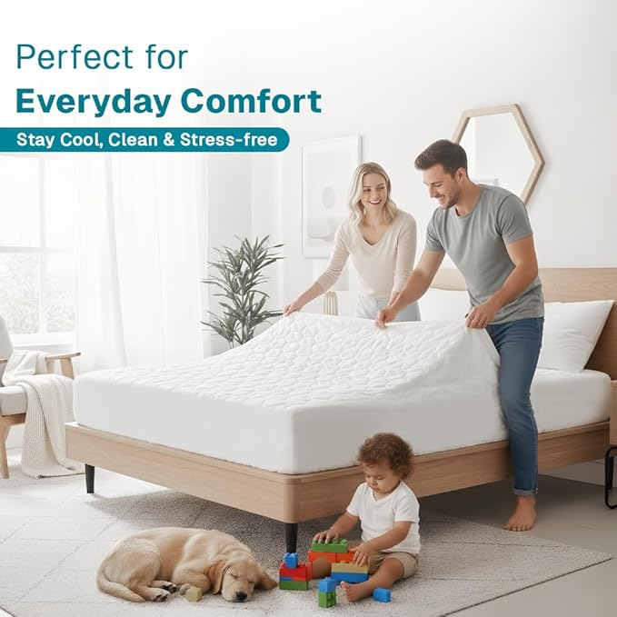 FABDREAMS Organic Quilted Mattress Protector | Mattress Pad| Queen Mattress Cover| Naturally Breathable | Noiseless| Fits up to 17" Deep Pocket| Temperature Regulating | Queen | White