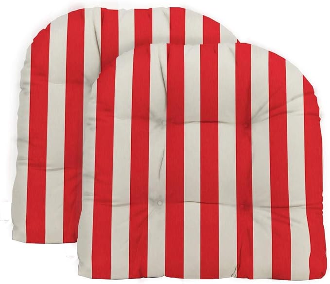 RSH DECOR: Tufted U-Shape Wicker Seat Cushions Set of 2 | 19” x 19” | All-Weather Spun Fabric | Water-Resistant | Outdoor Chair Cushions for Patio Furniture | Red & White Stripe