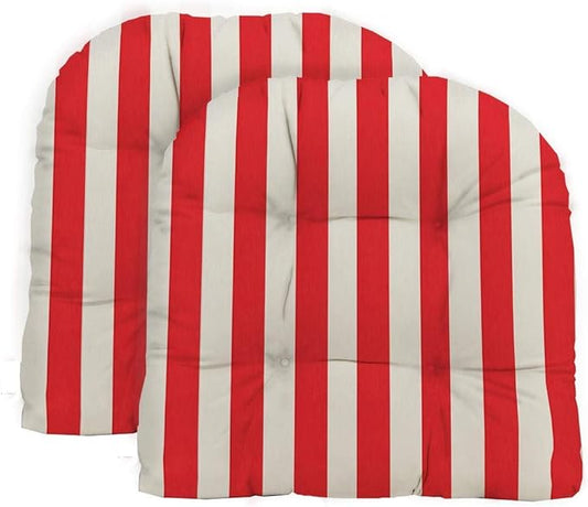 RSH DECOR: Tufted U-Shape Wicker Seat Cushions Set of 2 | 19” x 19” | All-Weather Spun Fabric | Water-Resistant | Outdoor Chair Cushions for Patio Furniture | Red & White Stripe