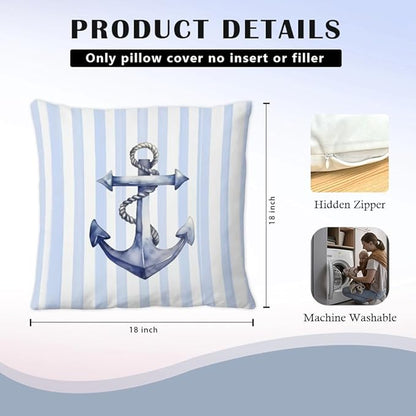 Nautical Rudder Anchor Pillow Covers 18x18 Set of 2, Preppy Blue and White Striped Coastal Nautical Throw Pillow Covers for Boys Bedroom Beach House Home, Preppy Beach Room Decor