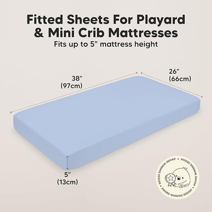 2-Pack Mini Crib Sheets Fitted - 38x26 Pack N Play Sheets for Pack and Play Mattress, Organic Cotton, Soft & Breathable Playard Bedding, Neutral Mini Toddler Bed Cover for Boys, Girls (Blue Flax)