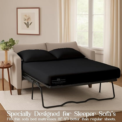 Sleeper Sofa 4 Piece Bed Sheet Set Premium Quality 100% Cotton 500 Thread Count, Smooth & Super Soft Sateen Weave, Extra Soft Bed Sheets, Wrinkle Free, 8 Inch Deep Pocket (Full, Black)