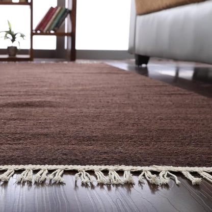 Rugsotic Carpets Hand Woven Flat Weave Kilim Wool ECO-Friendly Area Rugs - 10'x10', Square Shape, Dark Brown Color, Solid Plain Design, Low Pile Handmade Rugs for Living Room, Bed Room (D00111)