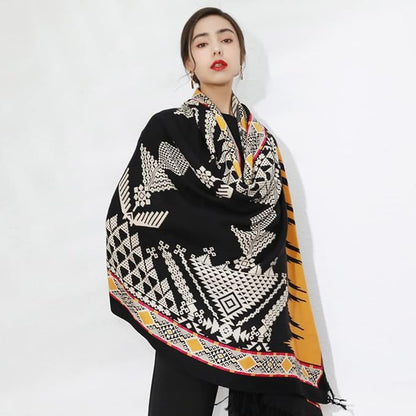 DANA XU 100% Merino Wool Pashmina Shawl for Women 96"x43", Oversized Cashmere Wrap with Tassels, Floral Travel Blanket Cape